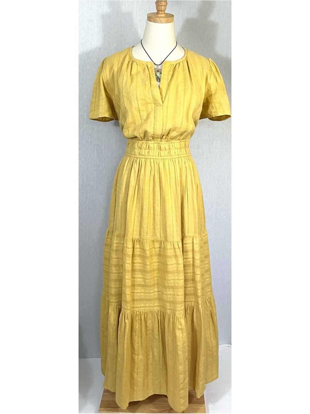 Mustard Yellow Tiered Short Puffed Sleeve Maxi 100% Cotton Dress XL